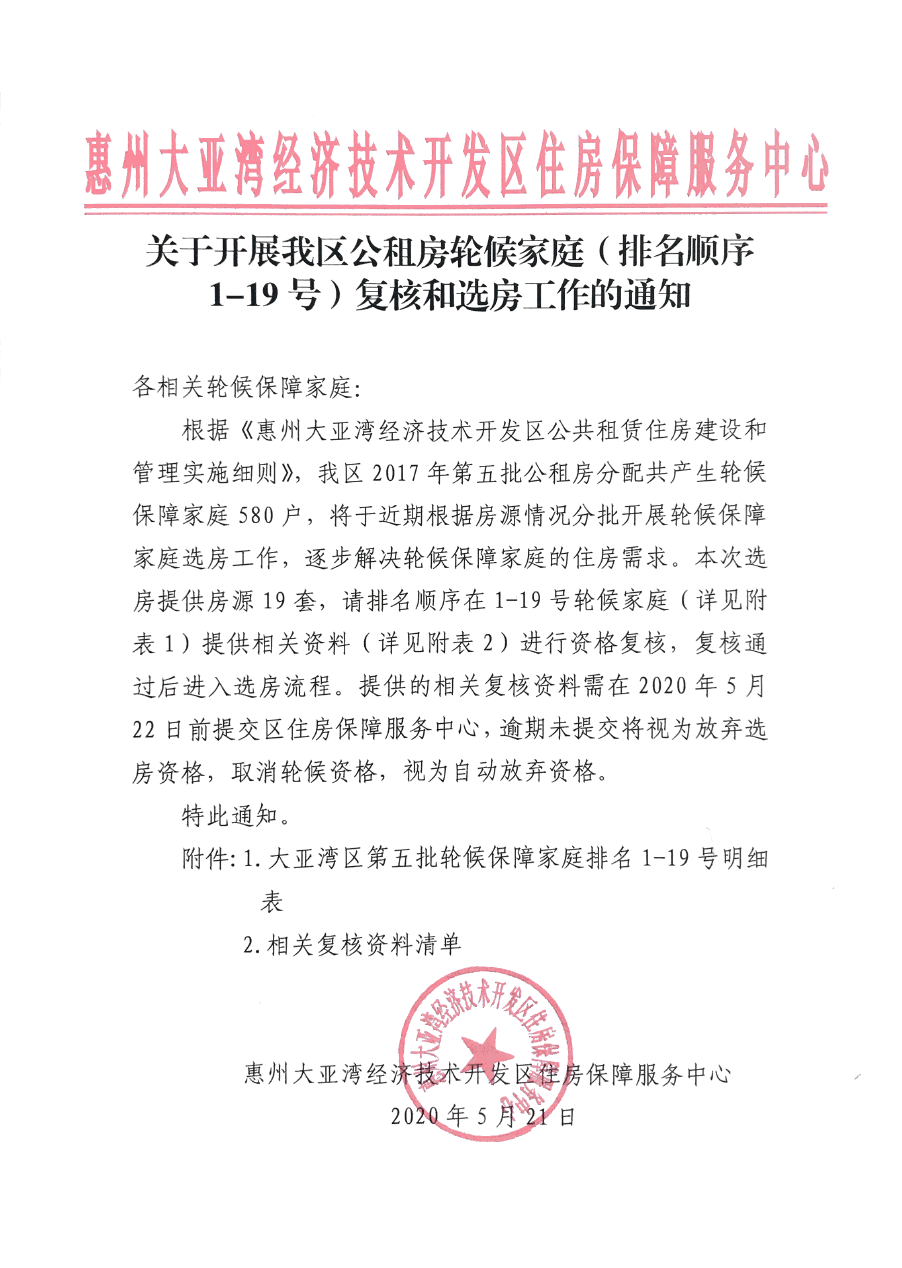 關于開展我區公租房輪候家庭（排名順序1-19號）復核和選房工作的通知.png
