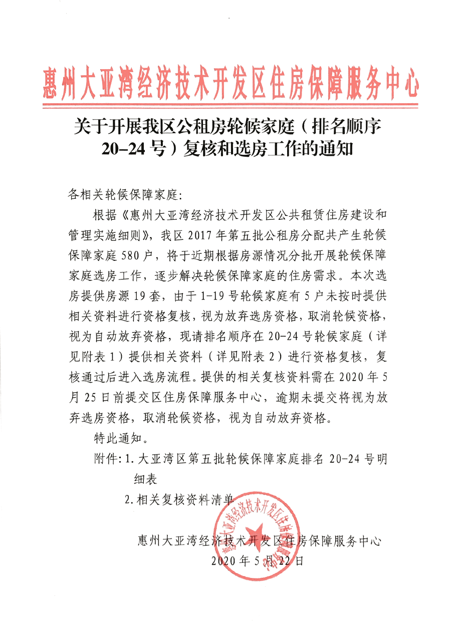 關于開展我區公租房輪候家庭（排名順序20-24號）復核和選房工作的通知.png
